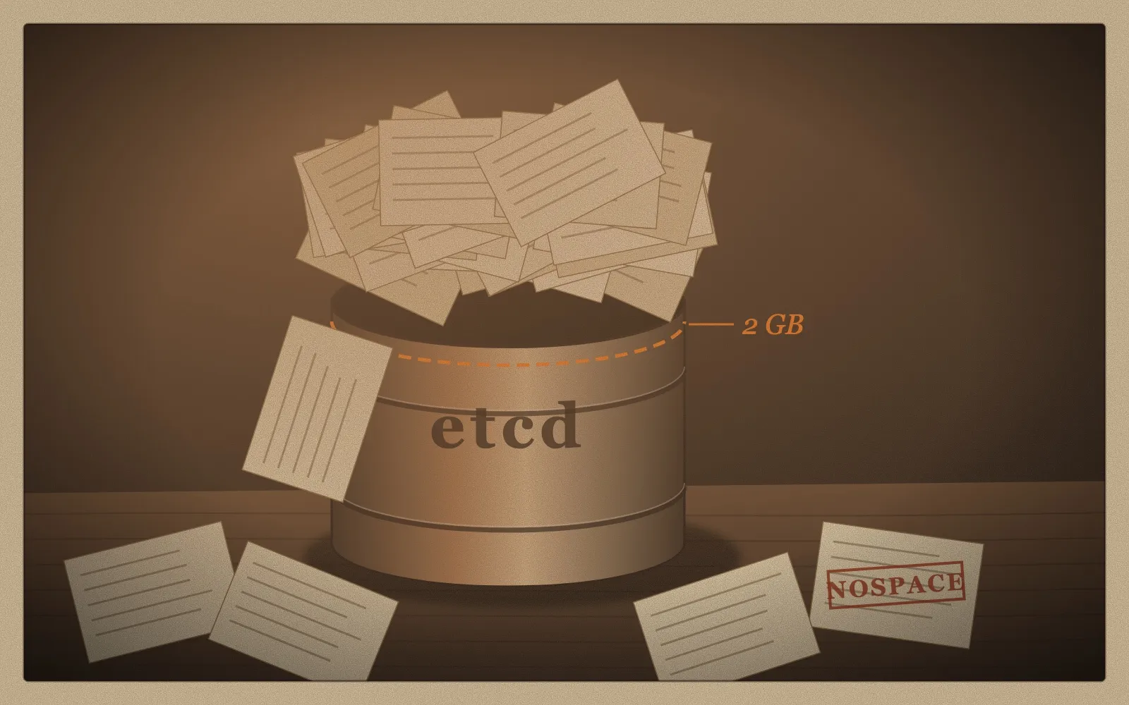 Illustration of an analog gauge labelled etcd db with its needle pinned past 2 GB and a NOSPACE tag hanging from it