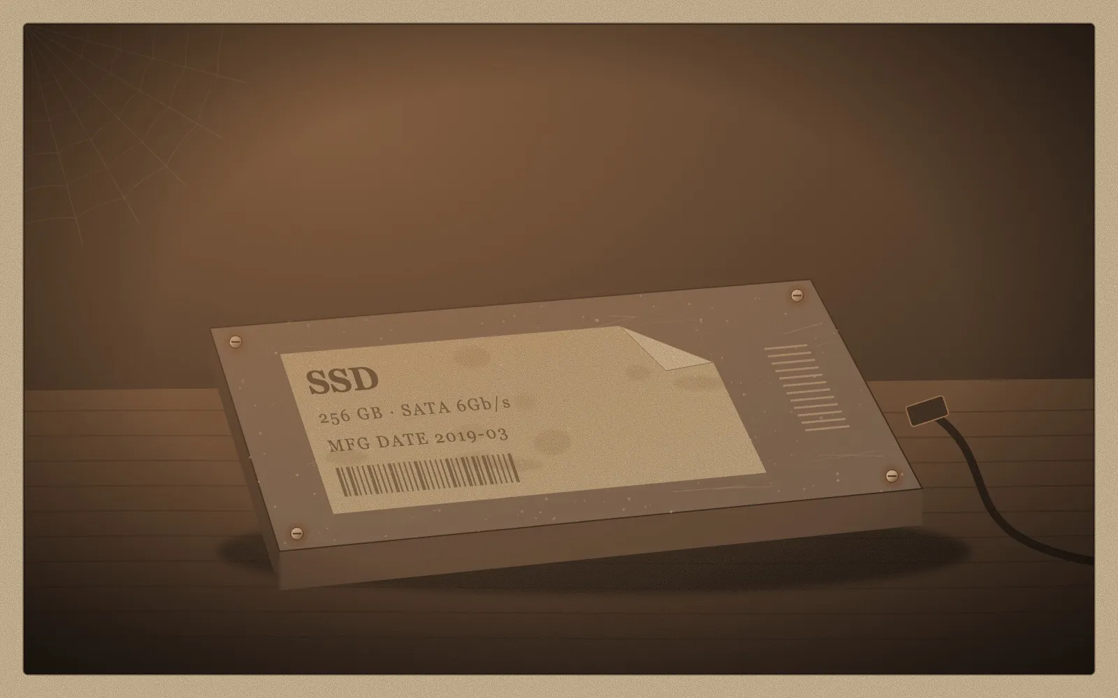 Illustration of a cracked SSD on a workbench beneath an oscilloscope showing periodic latency spikes