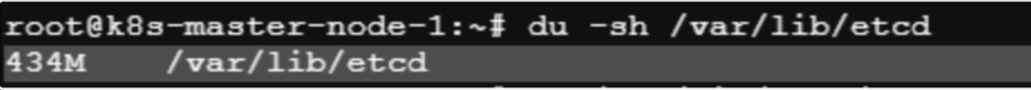du -sh /var/lib/etcd showing the etcd database reduced from 2.4GB to 434MB after compaction and defrag