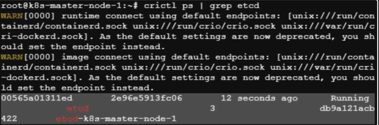 crictl ps output listing the crash-looping etcd static pod container on a Kubernetes master node